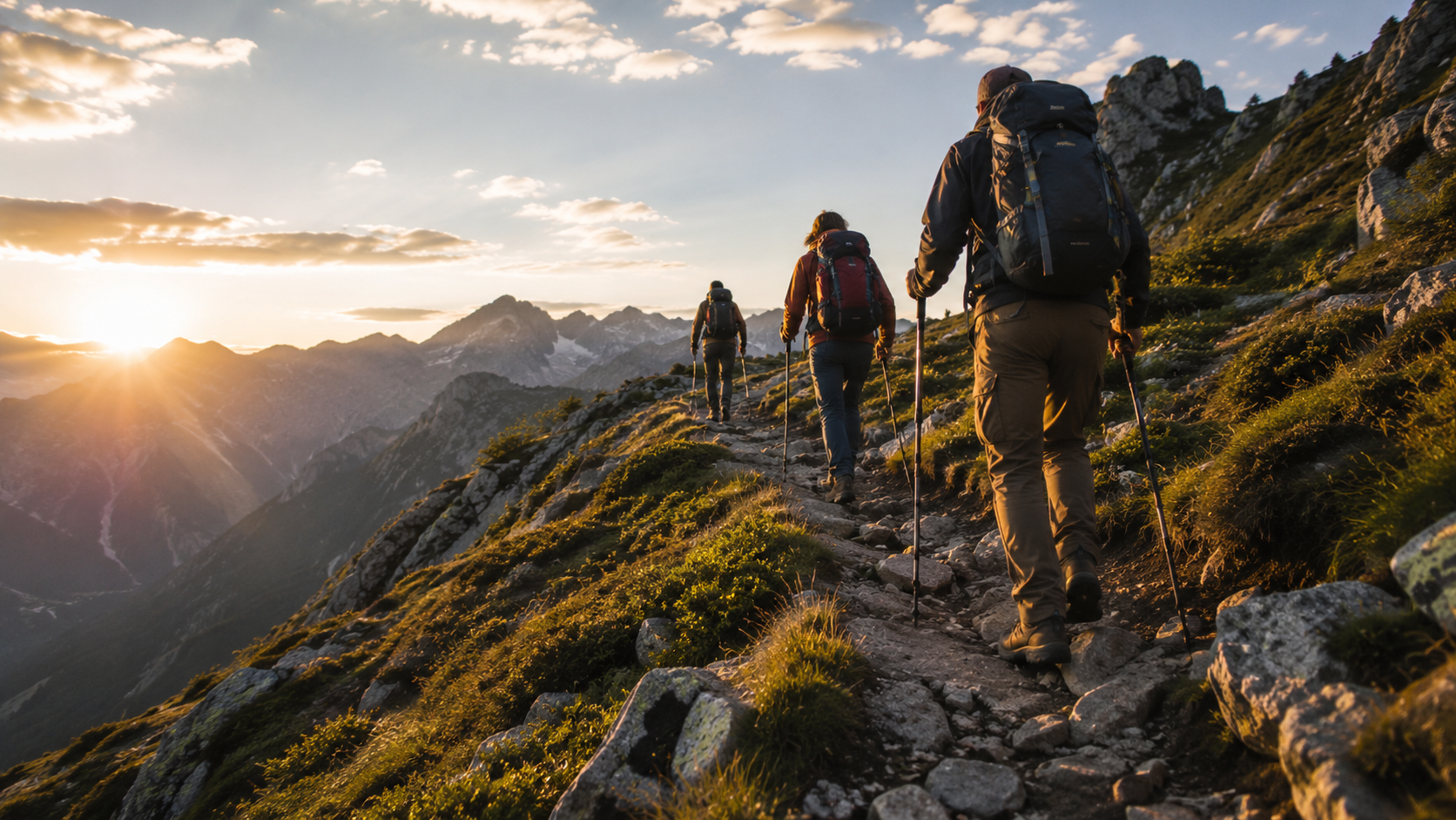 Three climbers ascending a mountain trail at sunrise